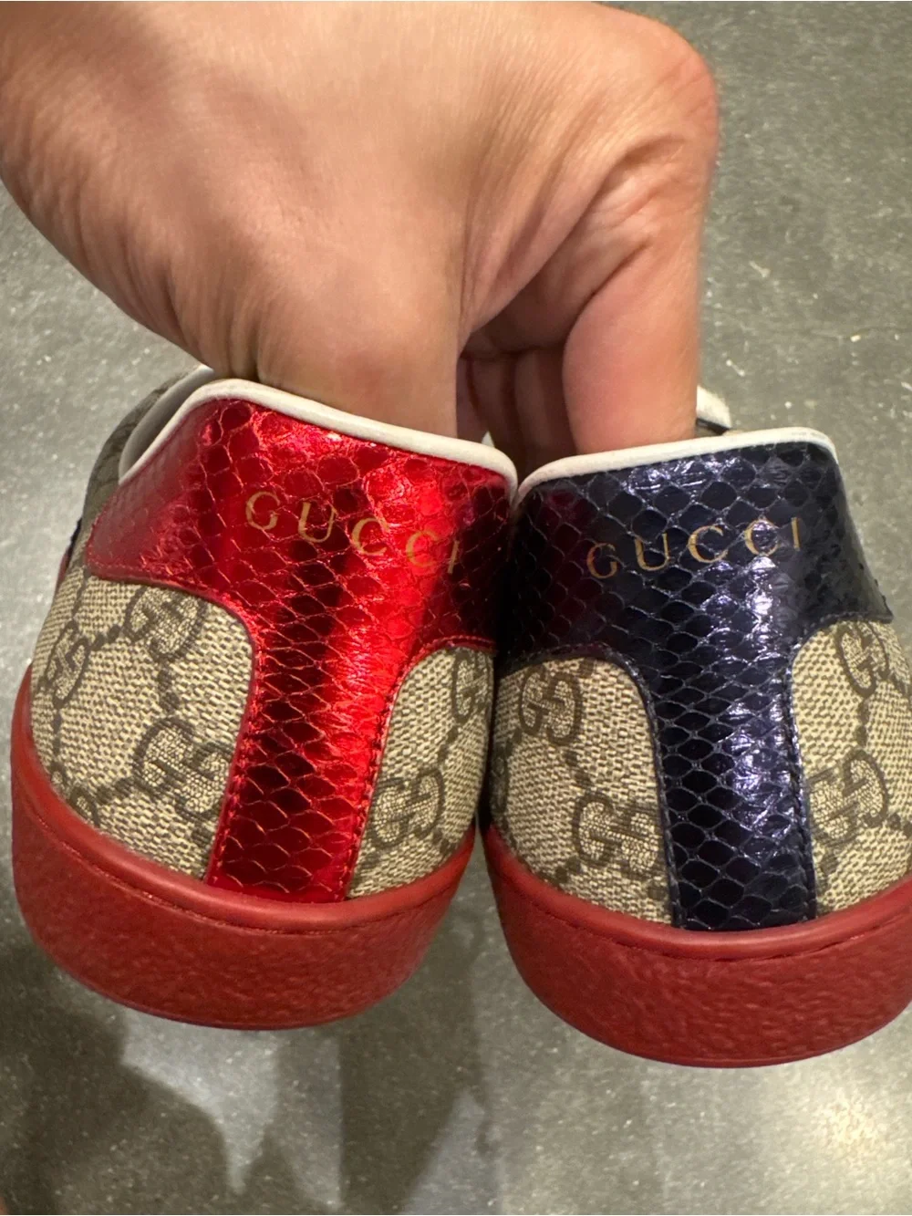 Gucci GG Supreme Canvas Sneakers with Red Trim and Navy Stripes